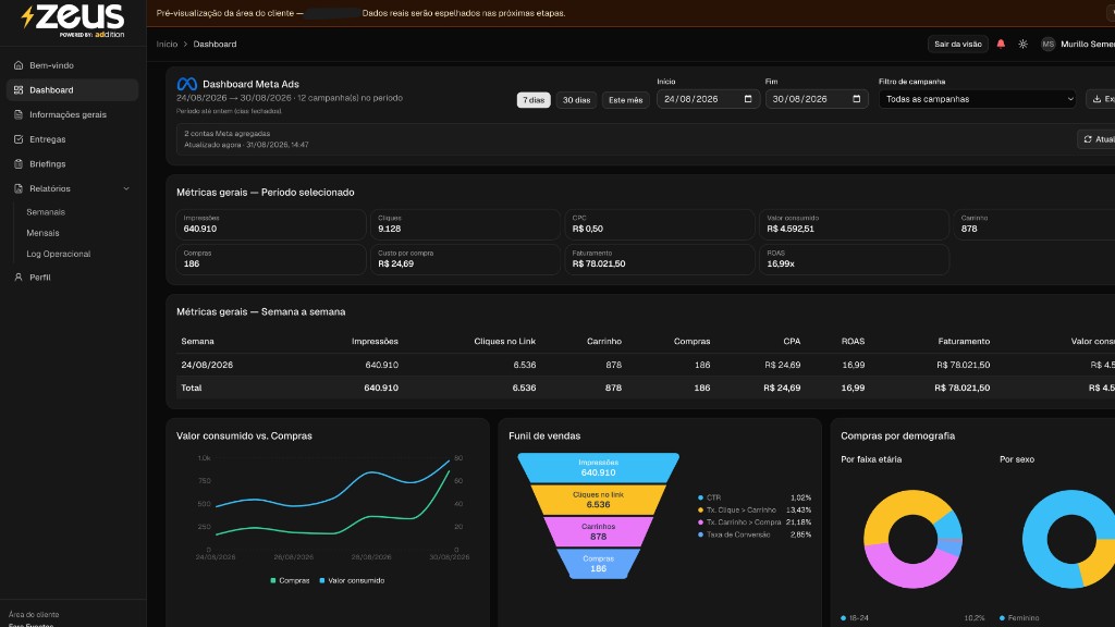 Dashboard da área do cliente no Zeus