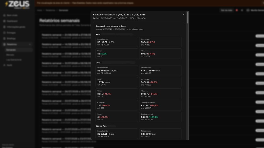 Relatórios na área do cliente no Zeus